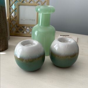 Green and White Ceramic Candle Holders and vase